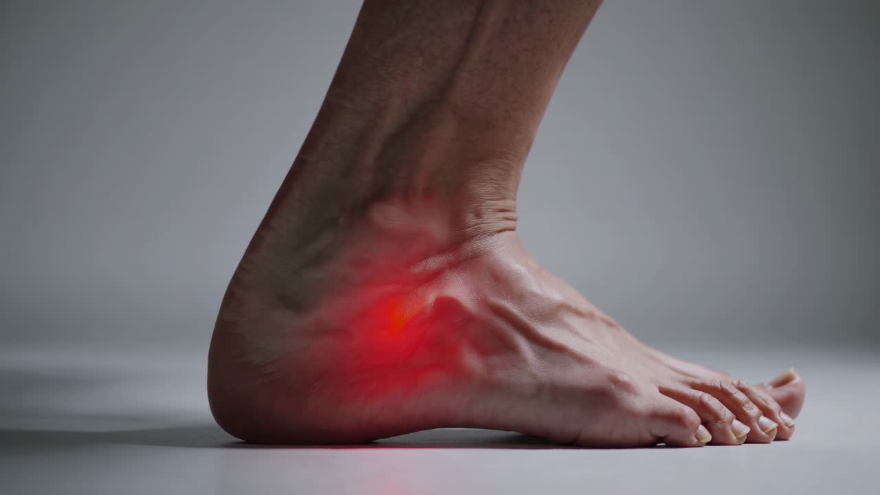 Close-up video of a foot with a red light indicating pain. Shot from a low angle
