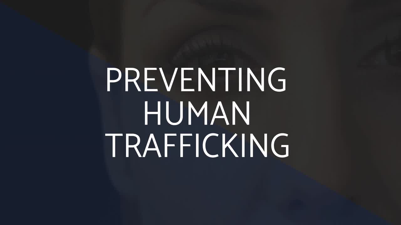 Animation of stop human trafficking text over caucasian woman