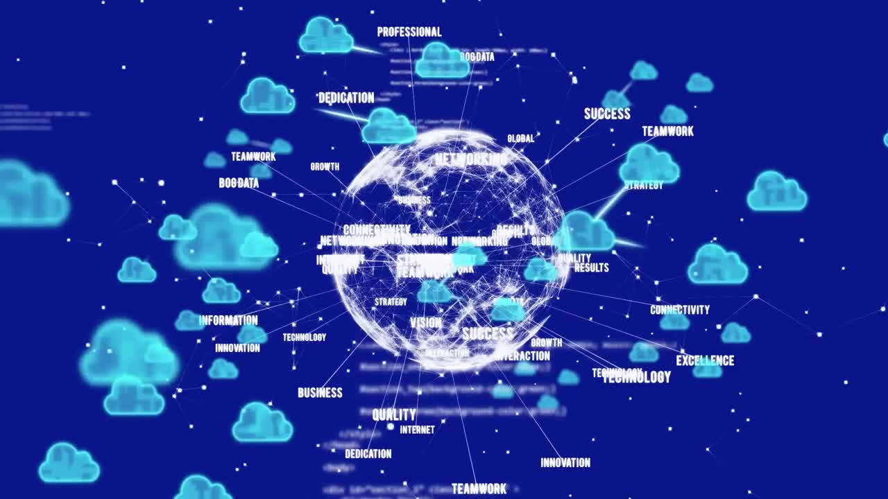 animación de iconos de nubes, procesamiento de datos y conexiones sobre fondo azul