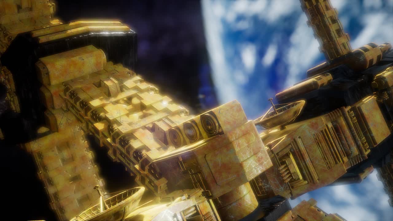 지구와 우주선의 모습. iss는 지구를 공전하고 있습니다.