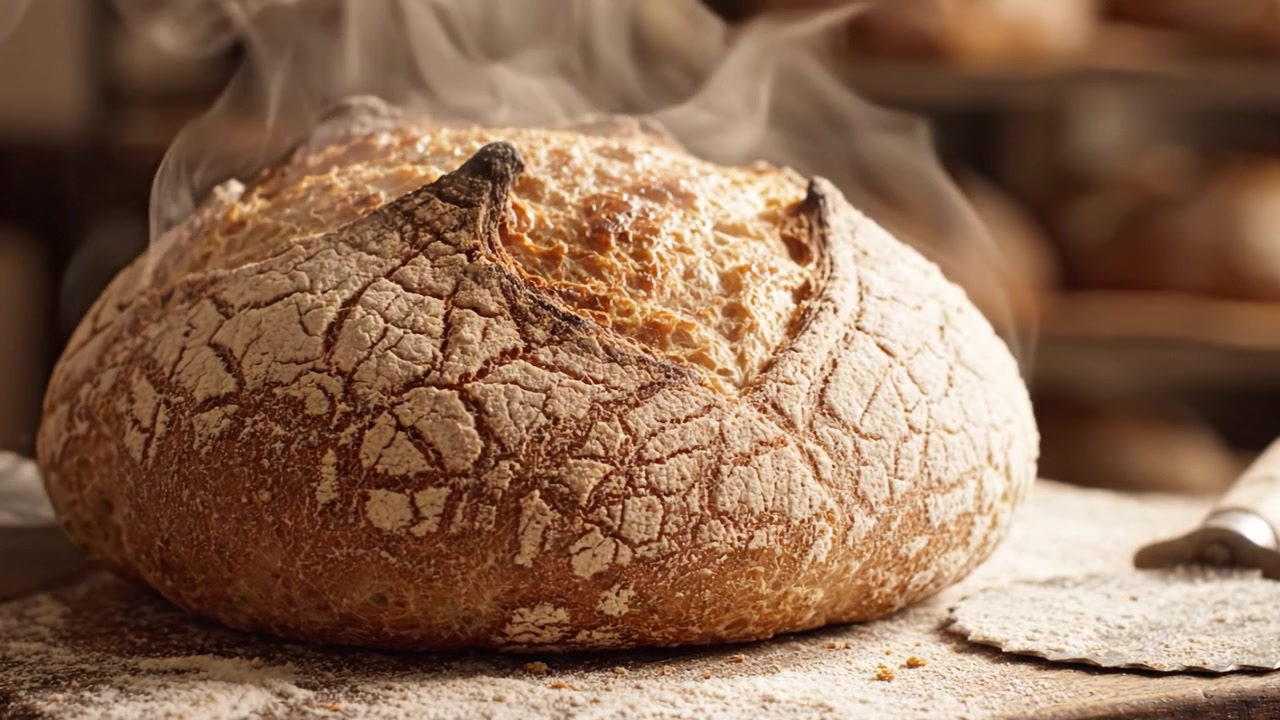 A Freshly Baked Loaf of Artisan Bread on a Rustic Wooden Table, Steaming and Golden Brown, Showcasing its Crusty Exterior and Beautiful Texture