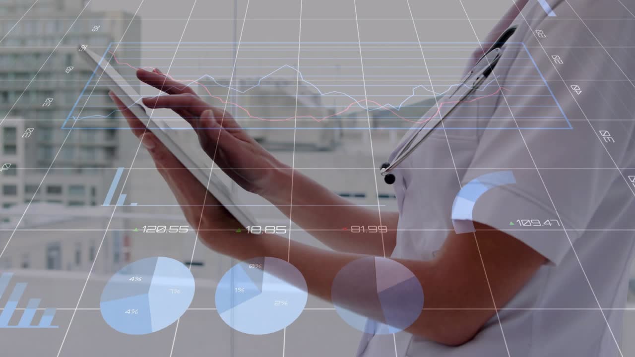 Clinician holding tablet, tapping and swiping, activating patient data overlays, reviewing charts