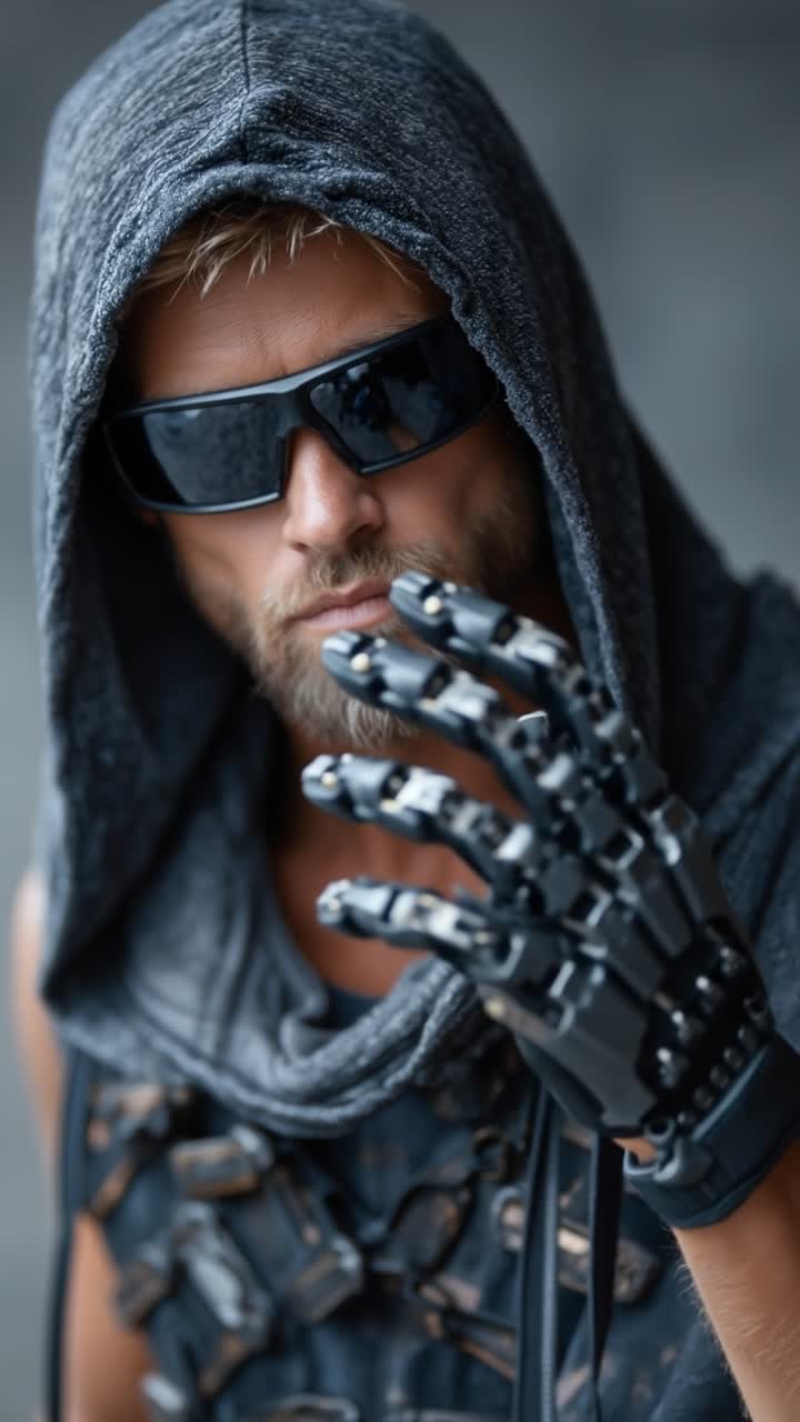 Portrait of man with silver beard and sunglasses wearing powerful mechanical robotic arm and hood