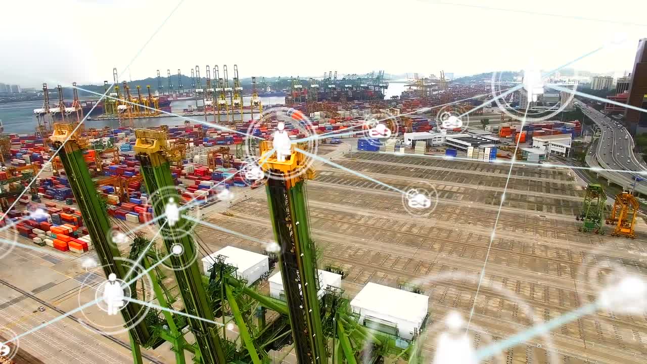 animación de la red de conexiones con iconos sobre el puerto