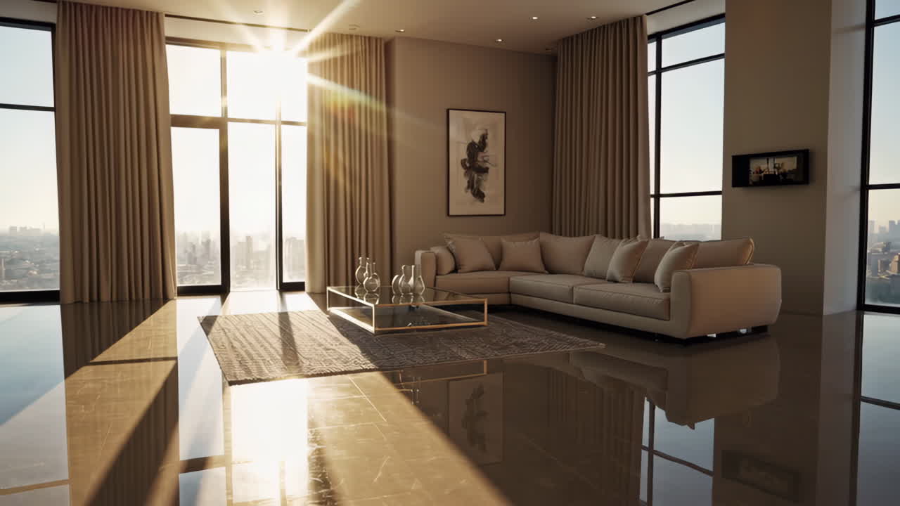 Modern Living Room with City View and Sunlight