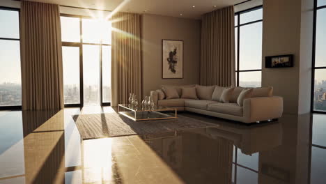 modern living room with city view and sunlight