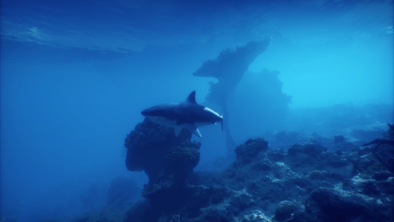 Shark swimming gracefully near underwater rocks in a tranquil ocean setting