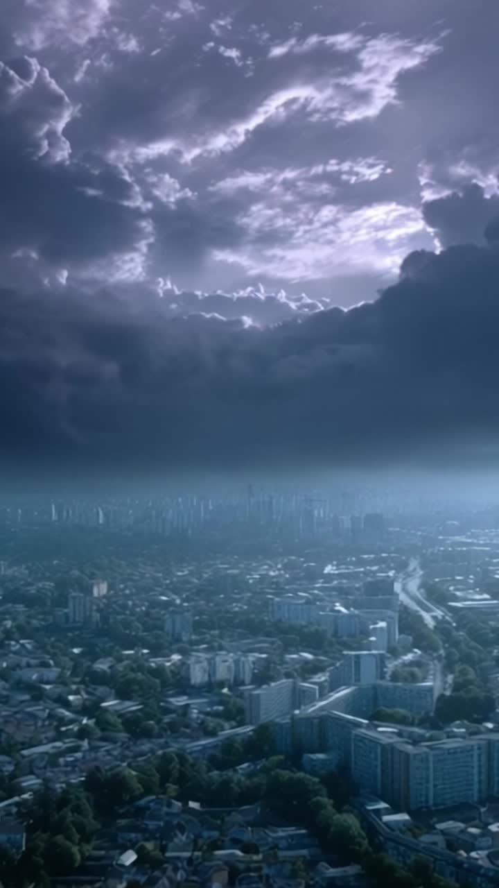 Dramatisk himmel over bylandskab: Ildevarslende skyer truer over et bybillede, der fanger overgangen fra dag til skumring med en uhyggelig atmosfære.