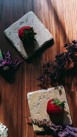 strawberries and dried flowers on wooden table