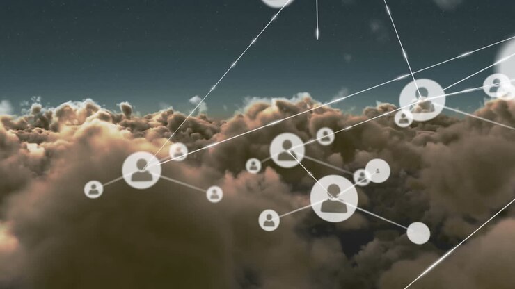 Animation of network of connections of icons with people over clouds