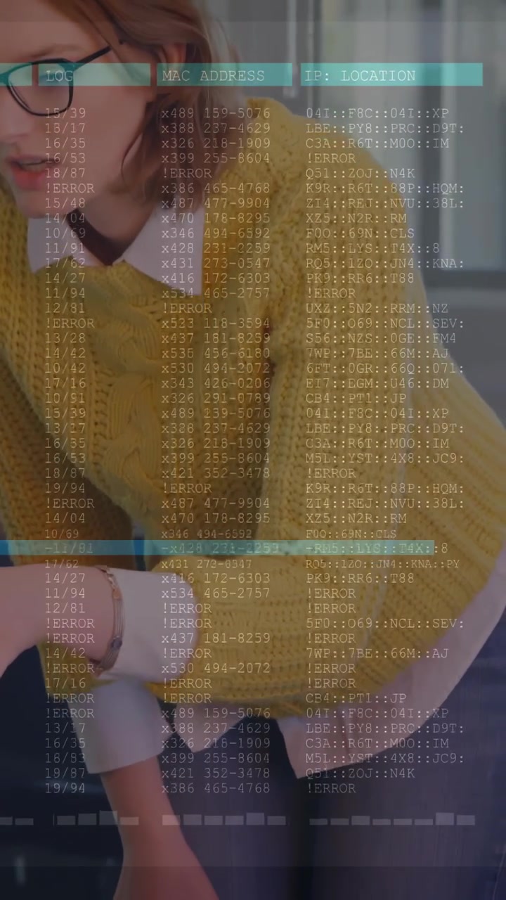 Donna chinata sulla scrivania, che allunga la mano verso la tastiera, causando una sovrapposizione sfocata di un log IT che diagnostica ERRORE MAC IP
