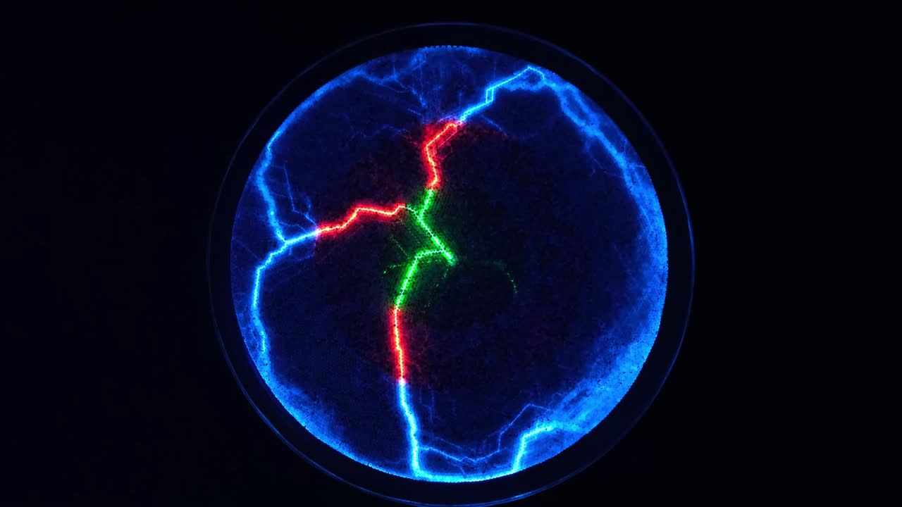 fondo de la ciencia abstracta y el objeto, iluminación eléctrica. rayos rojos, verdes y azules