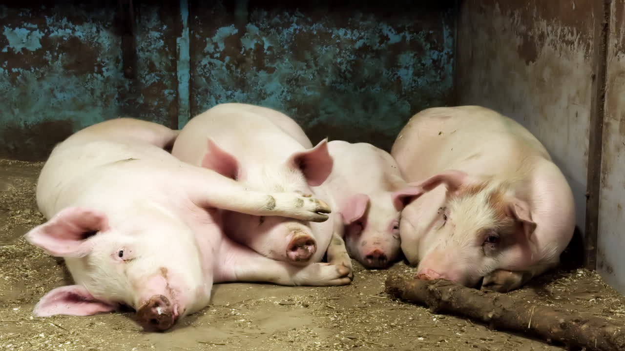 Animal shelter enclosure, pig group huddle, farming livestock welfare