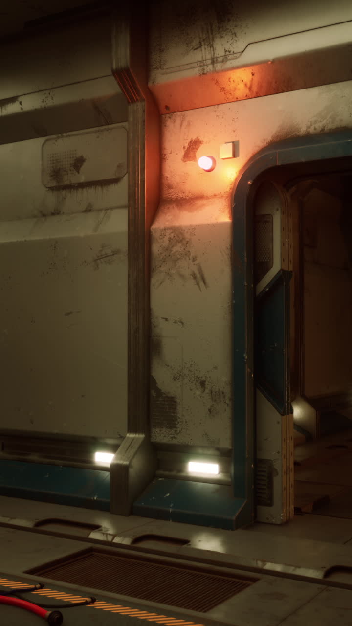 corredor de nave espacial de ciencia ficción con una luz de emergencia roja