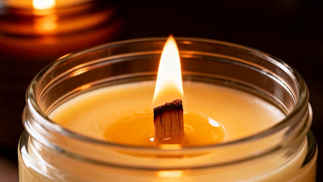 Fiamma allungata su una candela in un barattolo di vetro con stoppino in legno che scioglie la cera su un tavolo, proiettando una calda luce