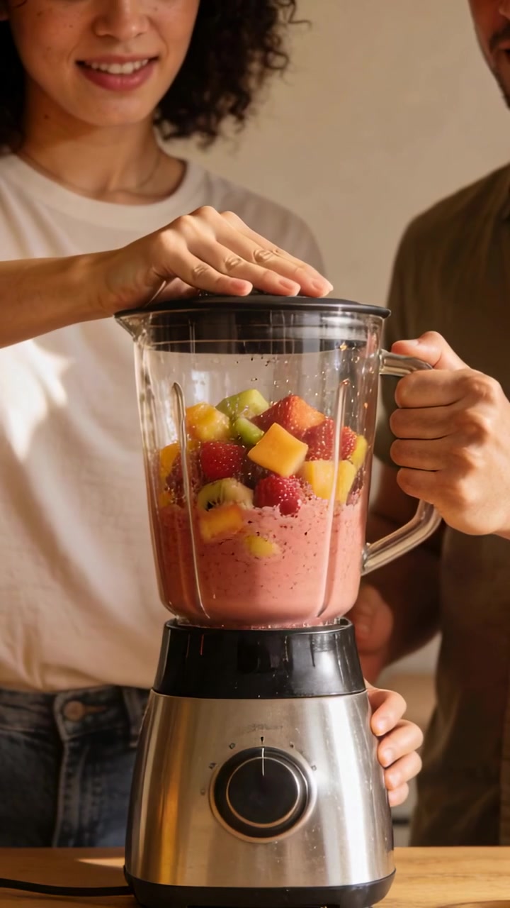 Video vertical: Encendiendo la licuadora, una pareja con camisetas mezclando fruta en la encimera de la cocina para hacer un batido rosa.