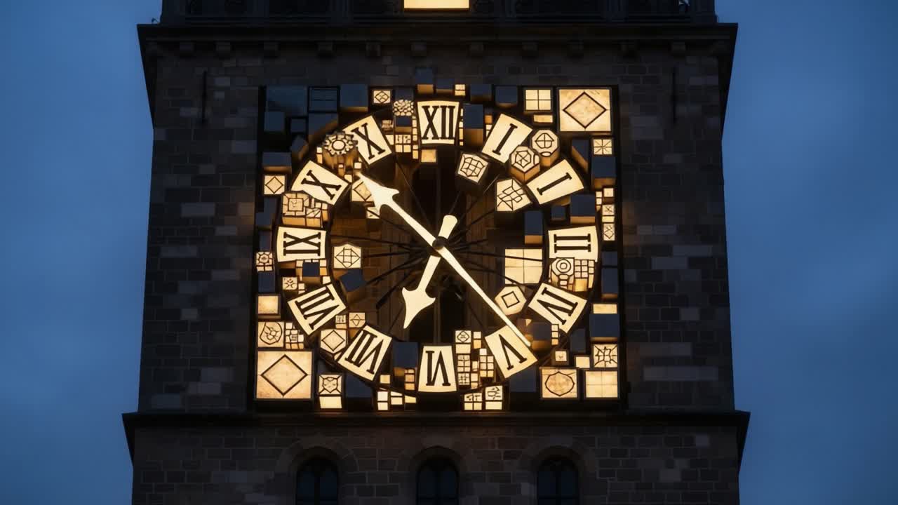 Illuminated Timepiece: A Glimpse into the Majestic Clock Tower Showcasing Intricate Design and Unique Architectural Elements in the Twilight