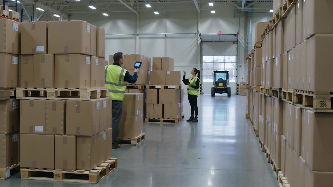 Personal de almacén con chalecos de alta visibilidad revisando en el pasillo después de la carga, escaneando etiquetas y consultando una tableta.