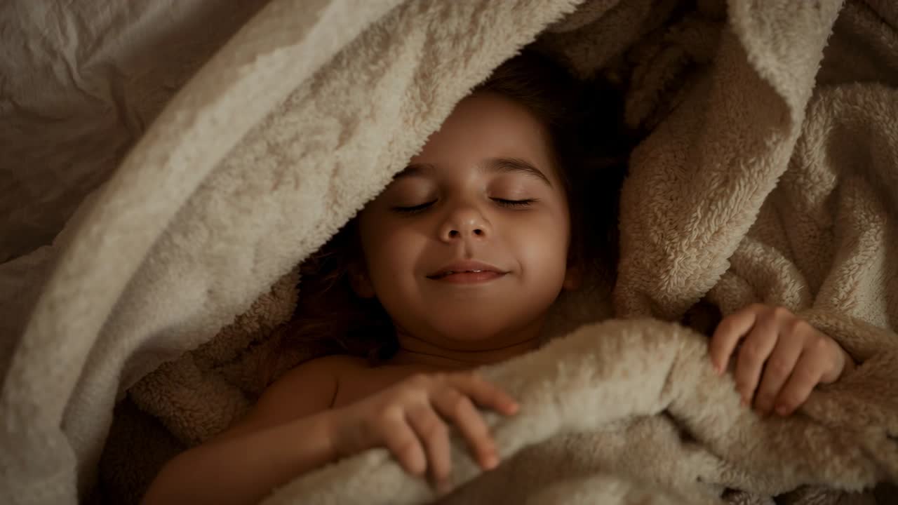 Una bambina solleva una mano e si tira una soffice coperta sul viso, cercando conforto sul letto di casa con un cuscino.