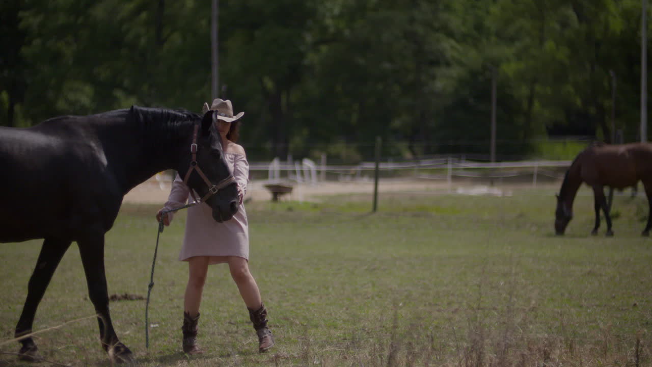 Cowgirl med hästar på ett fält