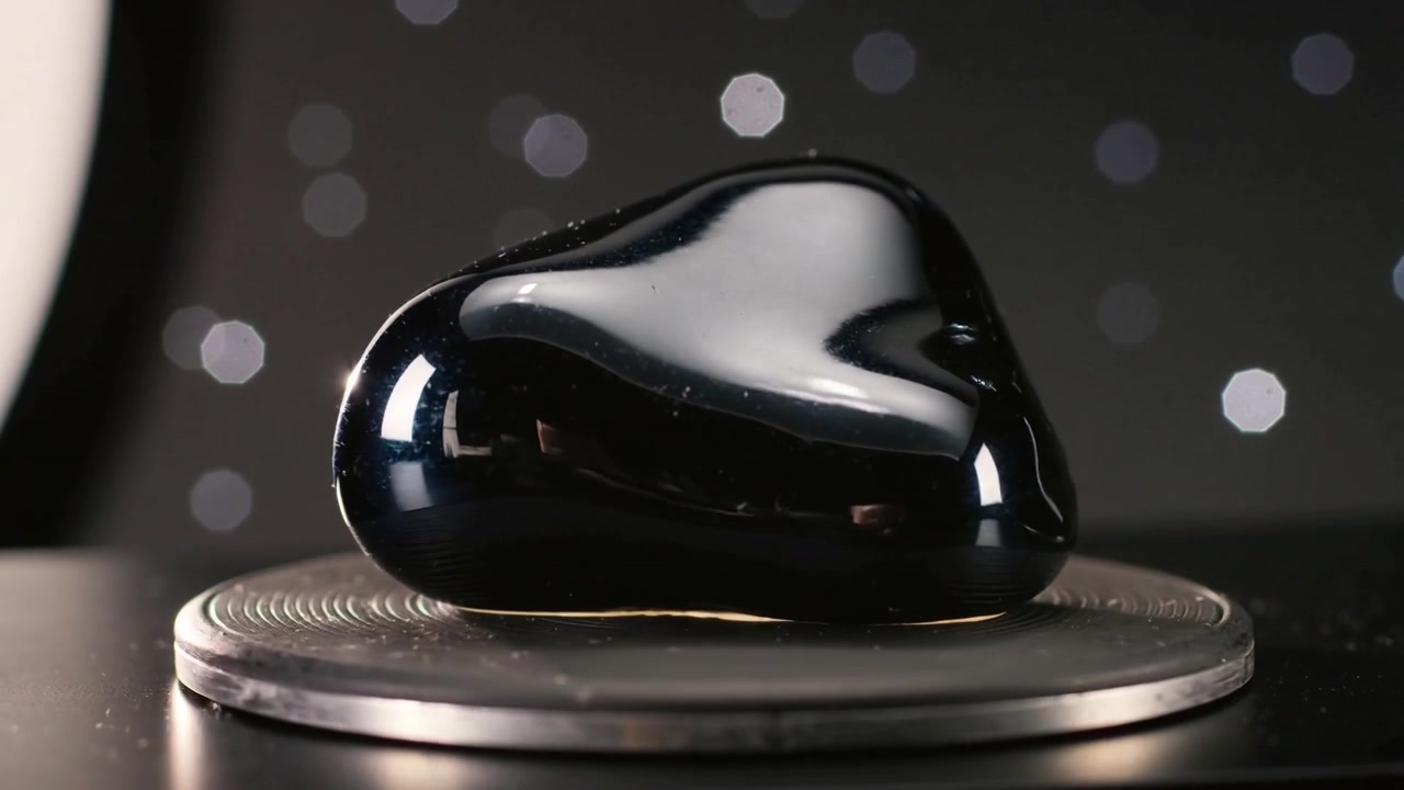 Playback starting causing glossy black bean object rocking and rotating on turntable, showing bokeh