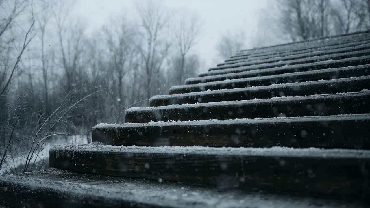 Gathering falling snow, worn wood stairs accumulating thin dusting at park near leafless trees