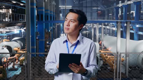 factory engineer reviewing data on tablet