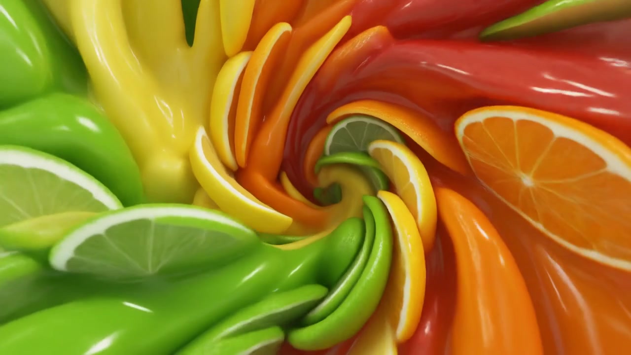 Vortice astratto di fette colorate di agrumi e liquido