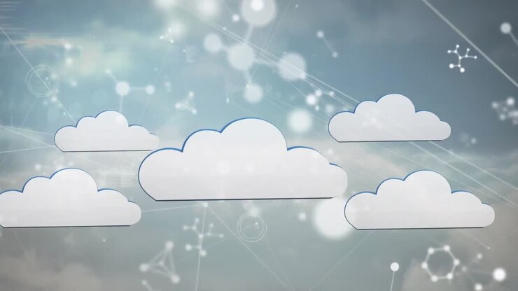 Animation of digital clouds and molecules over clouds on blue background
