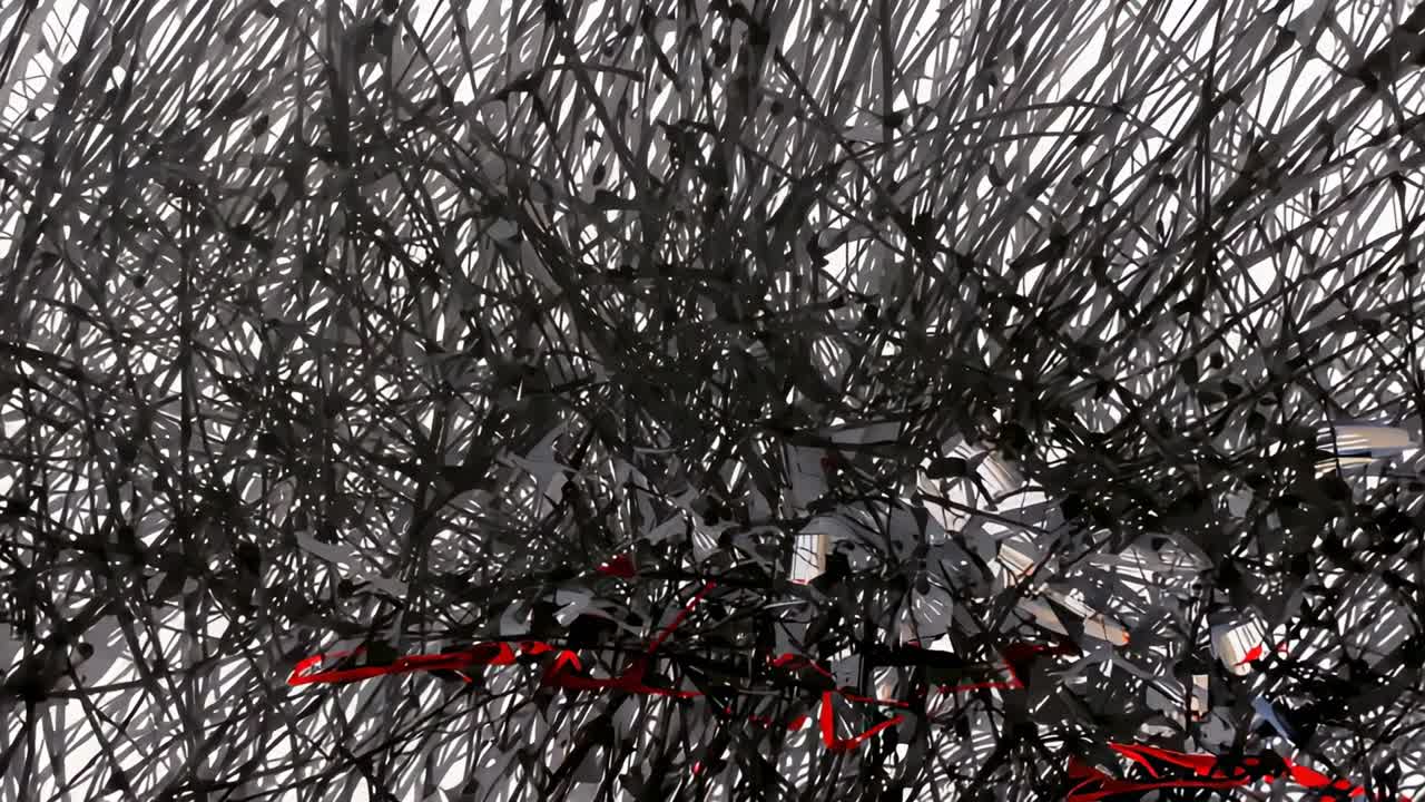 Launching thin black lines radiating on white backdrop, with rising density obscuring red gray core