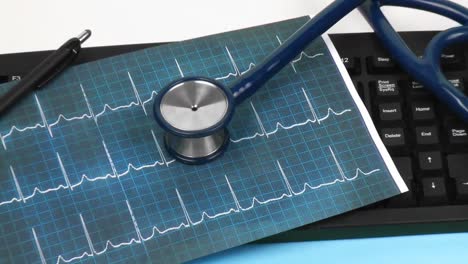 zoom in on a medical desk with folders and stethoscope on