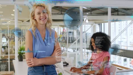 animation of sonars, computer language over diverse coworkers standing and working on desktop