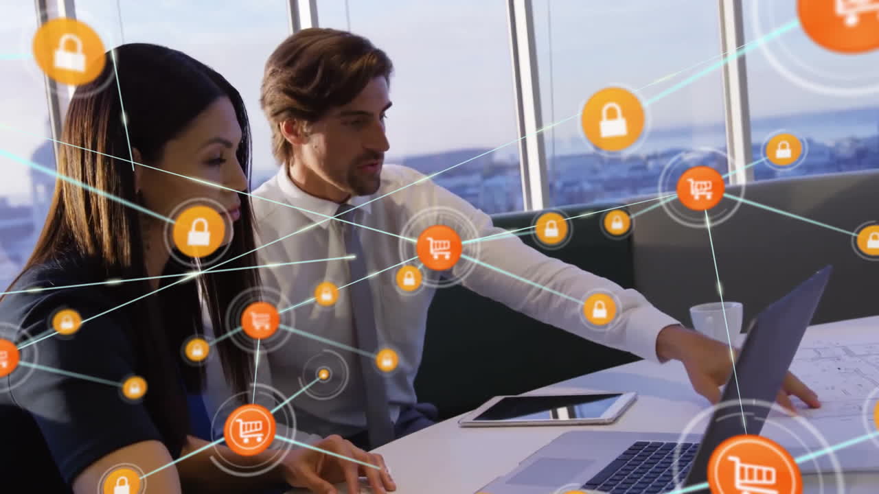 animación de la red de conexiones a través de hombres de negocios caucásicos que usan portátiles en la oficina