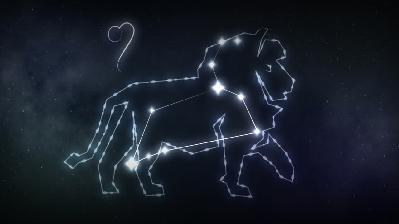 Animation des Sternzeichens Löwe mit Sternen auf schwarzem Hintergrund.
