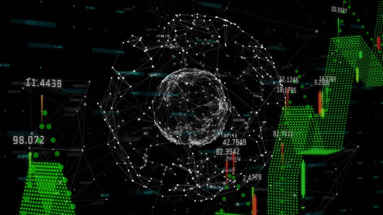 Data globe expanding on dashboard, showing nodes dancing with green candlestick chart labels
