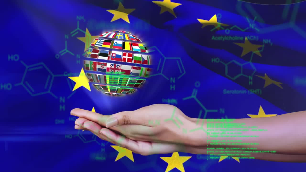 Holding globe with flags, hand shows animation of EU stars and chemical formulas