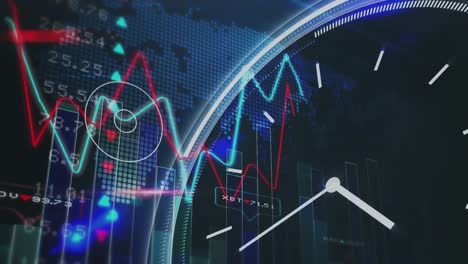 Animación-De-Gráficos-Y-Datos-Financieros-Sobre-Reloj-Y-Mapa-Mundial