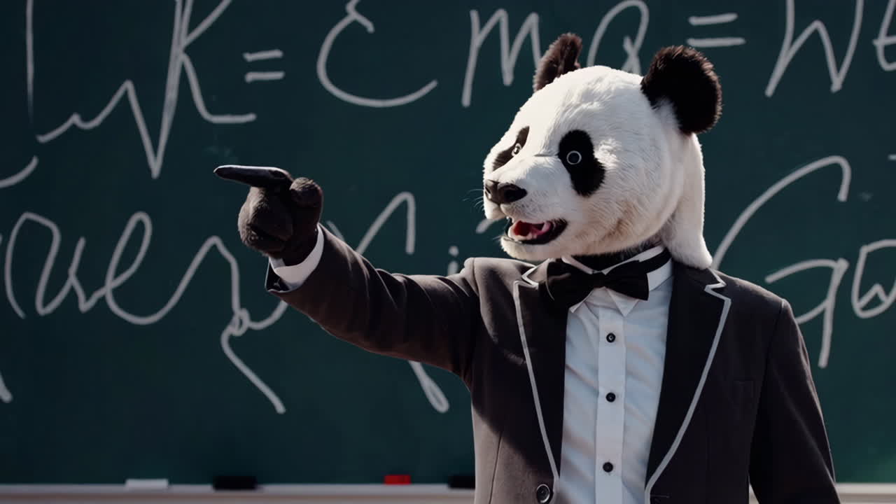 el maestro panda señala la pizarra.