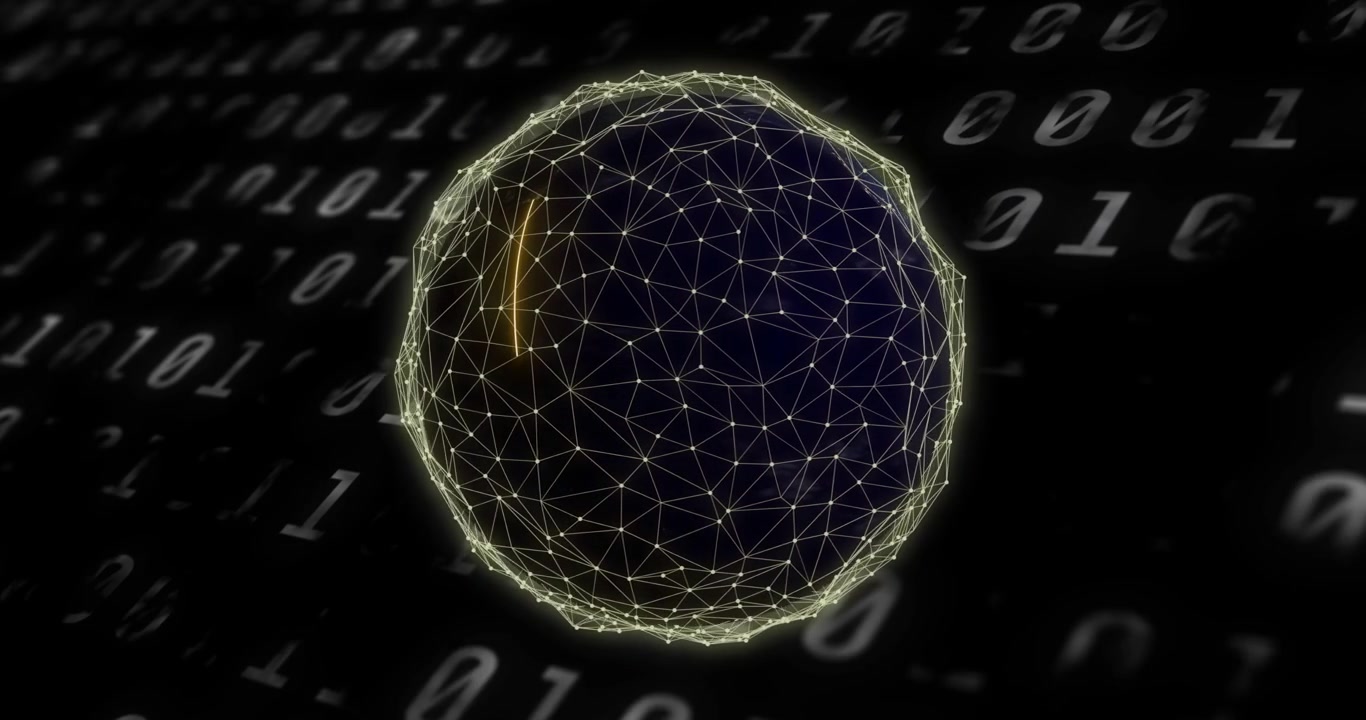 Gestileerde wereldbol draait tijdens afspelen, met gouden sporen die over een raster trekken te midden van bits, data visualiserend