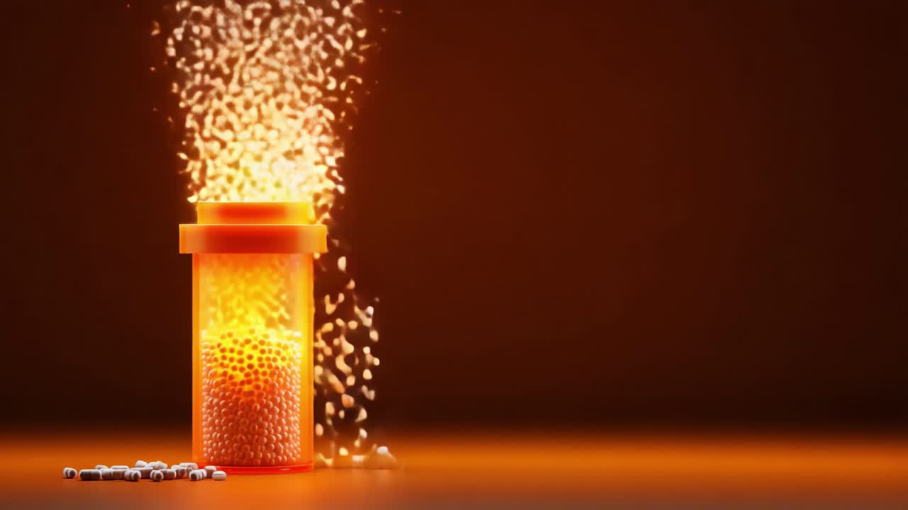An illuminated prescription bottle spills vibrant, colorful orbs, creating a magical effect against a warm backdrop, symbolizing transformation and the essence of creativity in pharmaceuticals