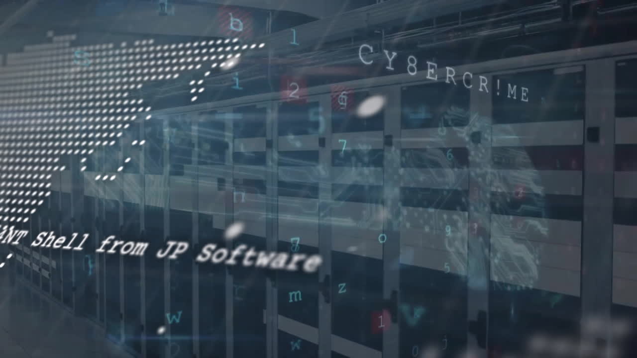Animation of world map, data processing and security warnings over computer server room