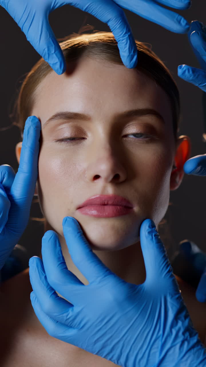 A woman's face surrounded by hands in blue medical gloves
