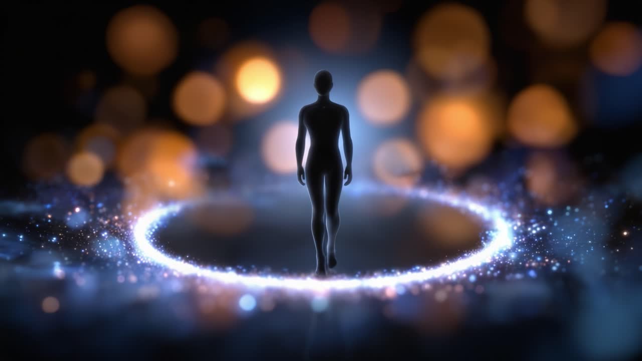 A silhouetted figure stands at the center of a dazzling, cosmic portal surrounded by twinkling lights and a shimmering atmosphere, evoking a sense of wonder
