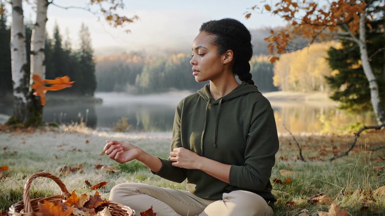 Collecting leaves, woman in green hoodie watching gust lifting leaves into basket at misty lake
