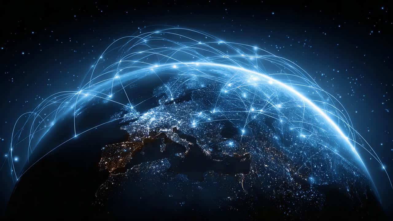 A Stunning Visualization of Earth Highlighting Global Connectivity Through Bright Lines Representing Data Networks and Communication Channels Across the Globe at Night