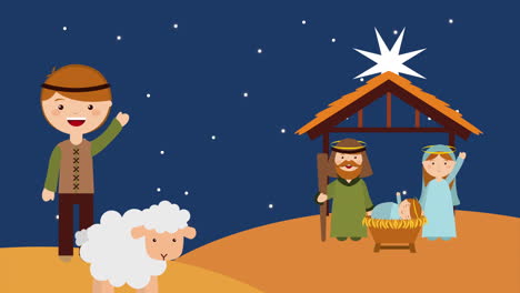 merry christmas manger scene with holly famile and sheeper