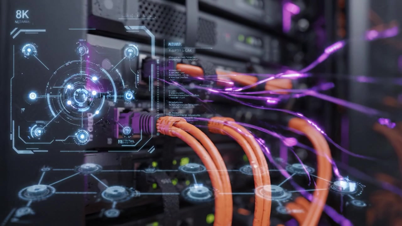 Advanced Server and Network Configuration with High-Speed Cables and Digital Interfaces Showcasing Modern Data Center Technology and Connectivity Solutions