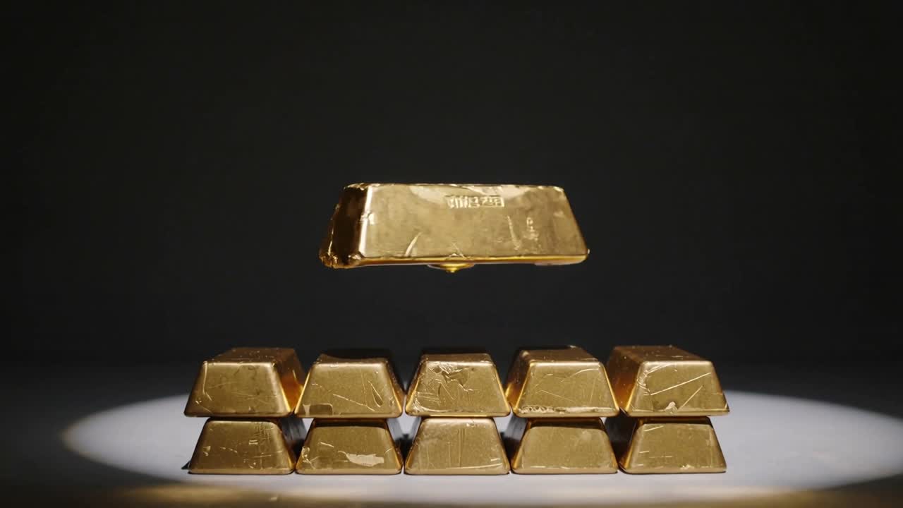 Un faretto rivela un lingotto d'oro più grande che scende lentamente su un palco scuro, mostrando lingotti impilati.