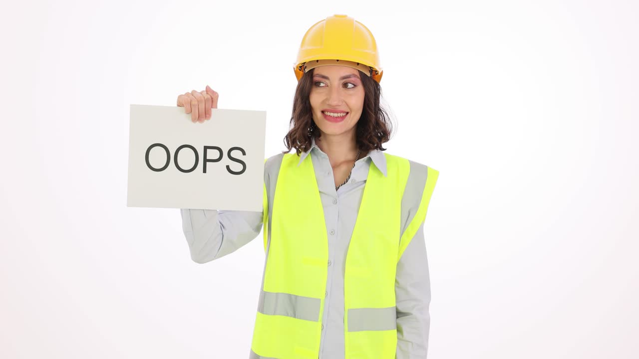 Female construction worker holding an 'OOPS' sign with varying expressions