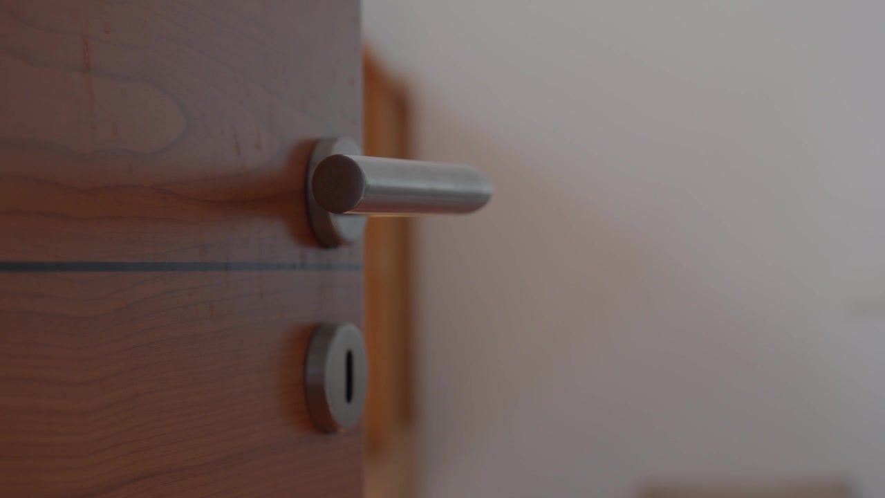 Nærbilleder af et moderne dørhåndtag på en trædør i et minimalistisk boliginteriør.